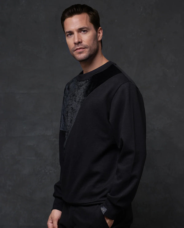 Rare Rabbit Men Roe Black Full Sleeve Crew Neck Velvet Cut and Sew Premium Sweatshirt
