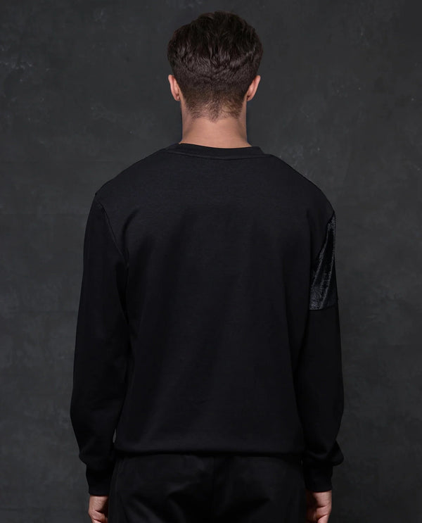 Rare Rabbit Men Roe Black Full Sleeve Crew Neck Velvet Cut and Sew Premium Sweatshirt