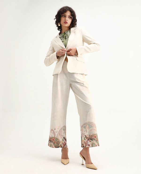 Rareism Women Roniv-B Beige 100% Cotton Fabric Wide Fit Paisley Print Trouser