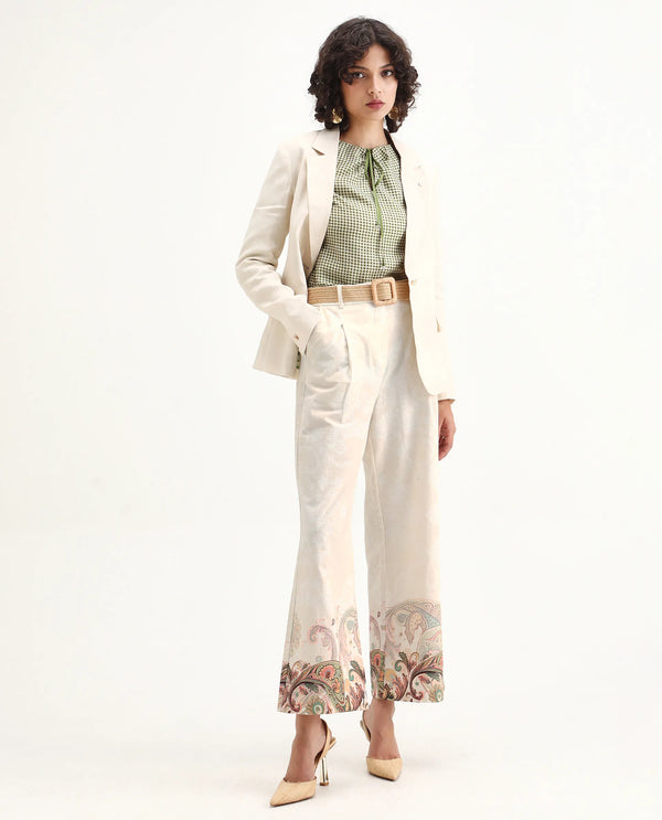 Rareism Women Roniv-B Beige 100% Cotton Fabric Wide Fit Paisley Print Trouser