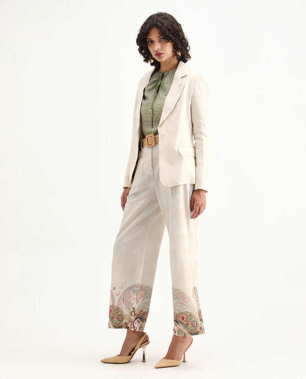 Rareism Women Roniv-B Beige 100% Cotton Fabric Wide Fit Paisley Print Trouser
