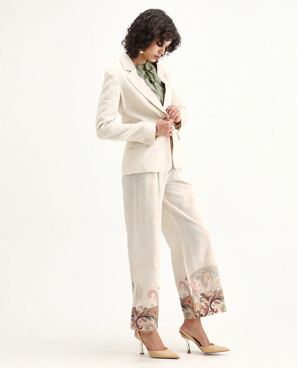 Rareism Women Roniv-B Beige 100% Cotton Fabric Wide Fit Paisley Print Trouser
