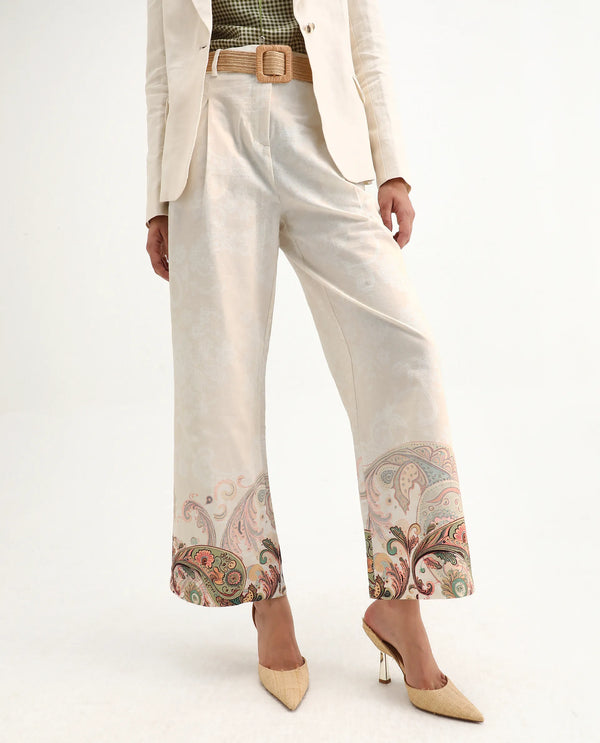 Rareism Women Roniv-B Beige 100% Cotton Fabric Wide Fit Paisley Print Trouser