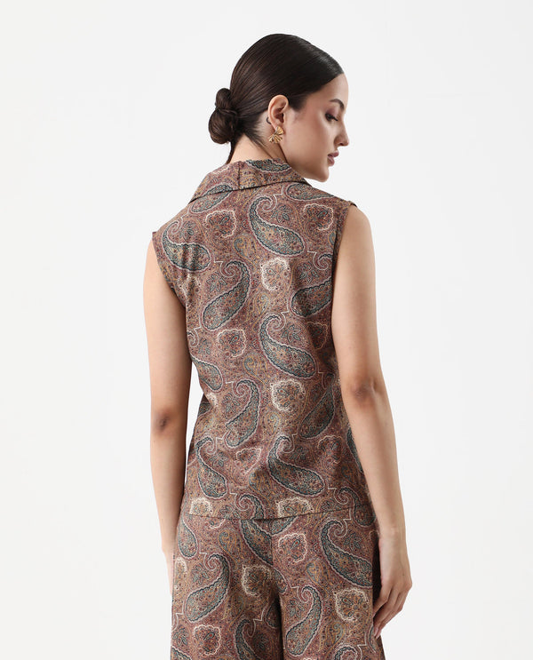 Rareism Women Ronoro-T Multi 100% Cotton Fabric Sleeveless Collared Neck Boxy Fit Paisley Print Top