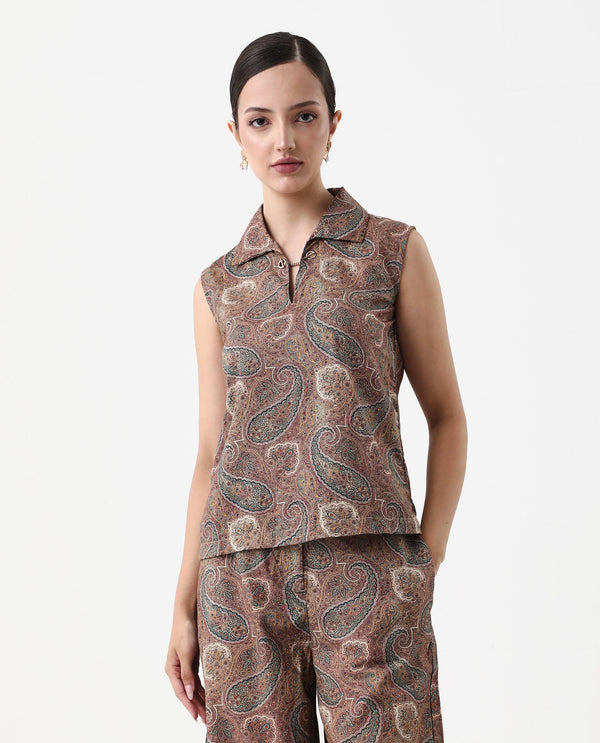 Rareism Women Ronoro-T Multi 100% Cotton Fabric Sleeveless Collared Neck Boxy Fit Paisley Print Top