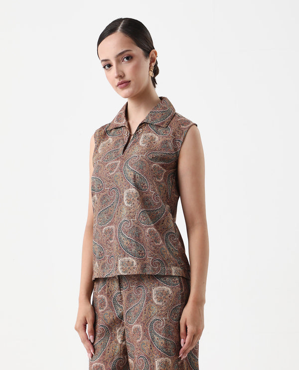 Rareism Women Ronoro-T Multi 100% Cotton Fabric Sleeveless Collared Neck Boxy Fit Paisley Print Top