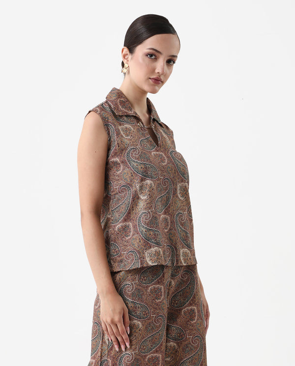 Rareism Women Ronoro-T Multi 100% Cotton Fabric Sleeveless Collared Neck Boxy Fit Paisley Print Top