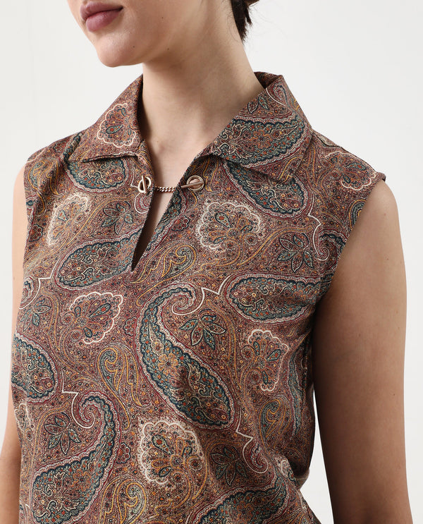 Rareism Women Ronoro-T Multi 100% Cotton Fabric Sleeveless Collared Neck Boxy Fit Paisley Print Top
