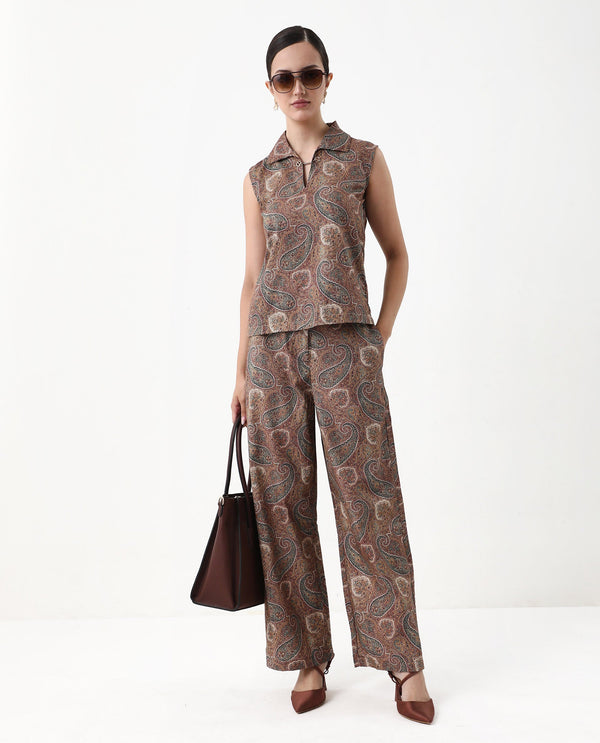 Rareism Women Ronoro-T Multi 100% Cotton Fabric Sleeveless Collared Neck Boxy Fit Paisley Print Top