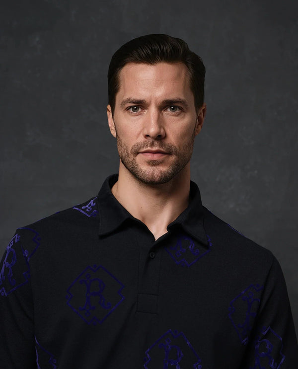 Rare Rabbit Men Roson Black Short Sleeve Regular Collar Button Closure Regular Premium Monogram Flock Print Polo