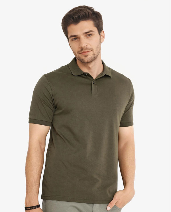 Rare Rabbit Men Row-1 Olive Cotton Fabric Short Sleeve Button Closure Regular Fit Solid Polo T-Shirt
