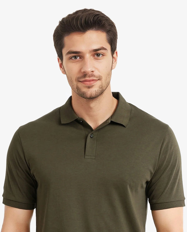 Rare Rabbit Men Row-1 Olive Cotton Fabric Short Sleeve Button Closure Regular Fit Solid Polo T-Shirt