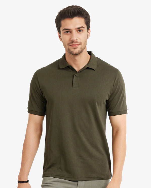 Rare Rabbit Men Row-1 Olive Cotton Fabric Short Sleeve Button Closure Regular Fit Solid Polo T-Shirt