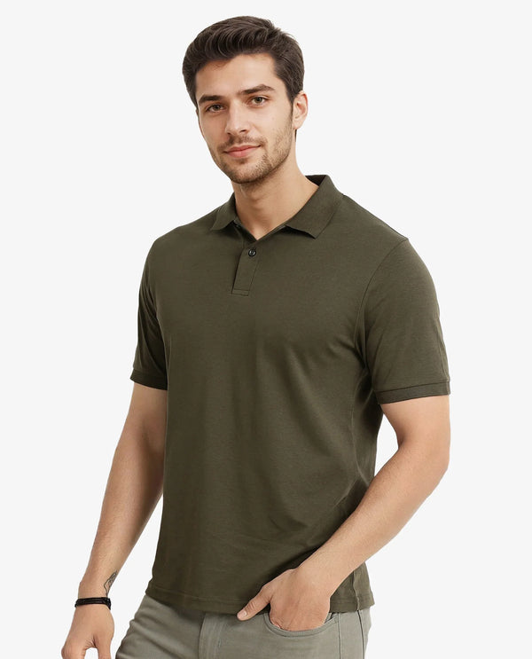 Rare Rabbit Men Row-1 Olive Cotton Fabric Short Sleeve Button Closure Regular Fit Solid Polo T-Shirt