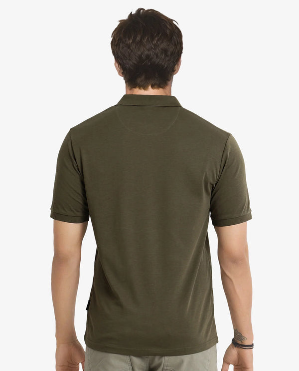 Rare Rabbit Men Row-1 Olive Cotton Fabric Short Sleeve Button Closure Regular Fit Solid Polo T-Shirt
