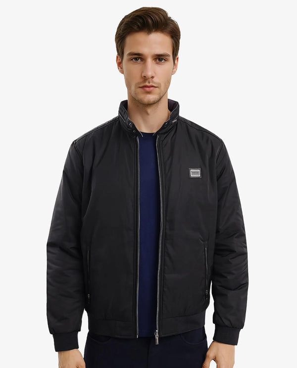 Rare Rabbit Men Royban-2 Black Polyester Fabric Full Sleeve High Neck Zipper Closure Plain Reversible Jacket