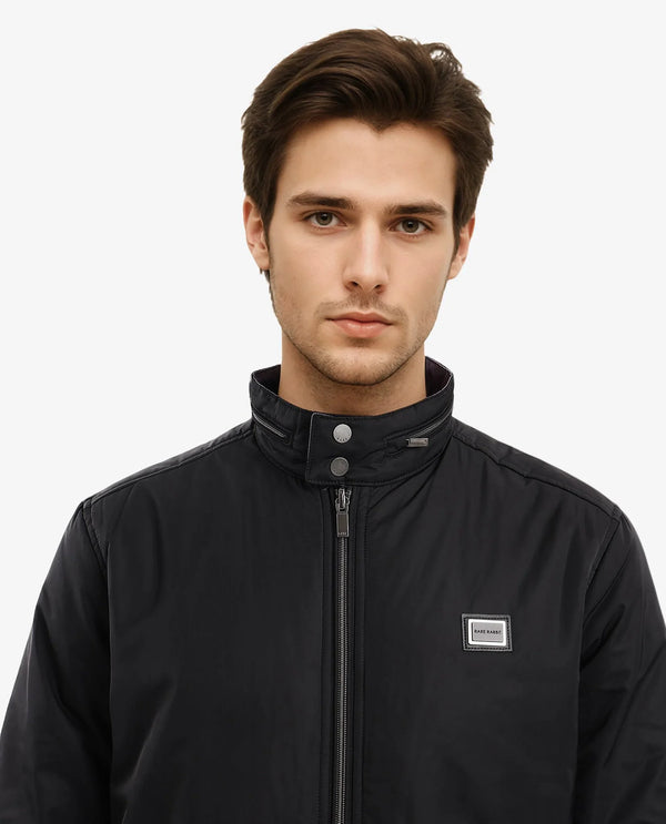 Rare Rabbit Men Royban-2 Black Polyester Fabric Full Sleeve High Neck Zipper Closure Plain Reversible Jacket