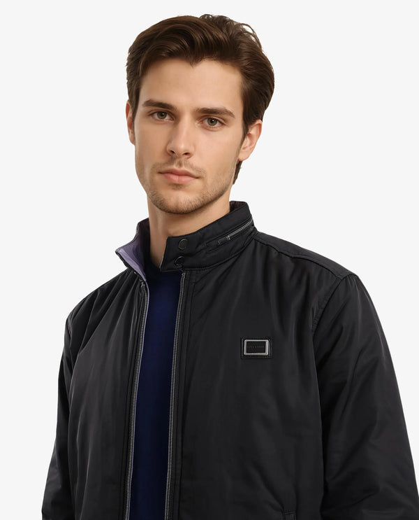 Rare Rabbit Men Royban-2 Black Polyester Fabric Full Sleeve High Neck Zipper Closure Plain Reversible Jacket