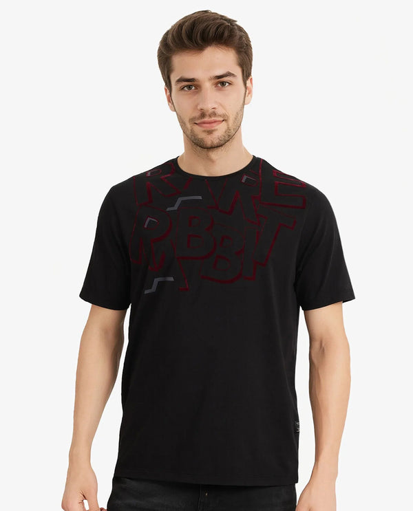 Rare Rabbit Men Runi Black Cotton Lycra Fabric Short Sleeve Crew Neck Regular Fit Graphic Flock Print T-Shirt