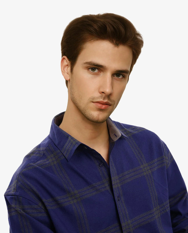 Rare Rabbit Men Russ Dark Blue Full Sleeve Regular Collar Button Closure Regular Fit Checks Shirt