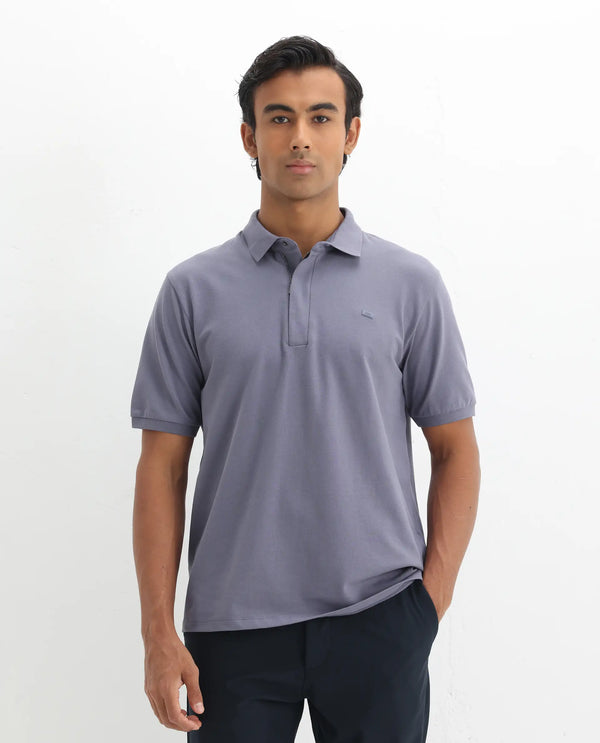 Rare Rabbit Men Salis-2 Dusky Purple Cotton Fabric Collared Neck Zipper And Snap Button Closure Half Sleeves Polo T-Shirt