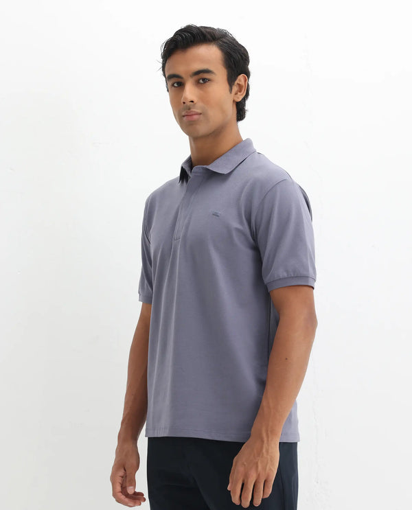 Rare Rabbit Men Salis-2 Dusky Purple Cotton Fabric Collared Neck Zipper And Snap Button Closure Half Sleeves Polo T-Shirt
