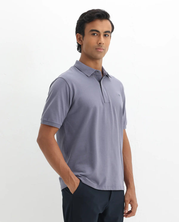 Rare Rabbit Men Salis-2 Dusky Purple Cotton Fabric Collared Neck Zipper And Snap Button Closure Half Sleeves Polo T-Shirt