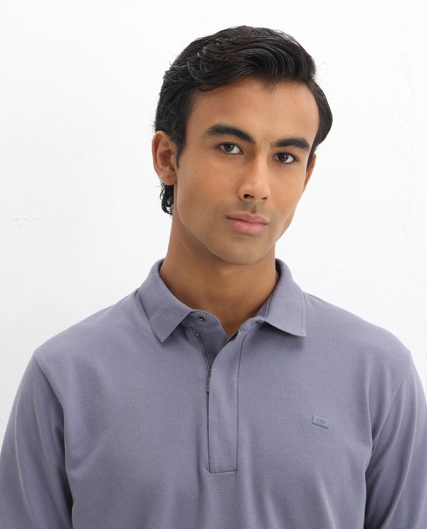 Rare Rabbit Men Salis-2 Dusky Purple Cotton Fabric Collared Neck Zipper And Snap Button Closure Half Sleeves Polo T-Shirt