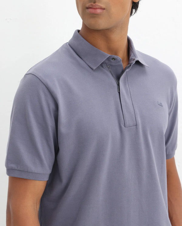 Rare Rabbit Men Salis-2 Dusky Purple Cotton Fabric Collared Neck Zipper And Snap Button Closure Half Sleeves Polo T-Shirt