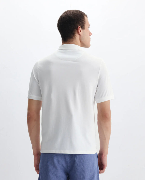 Rare Rabbit Men Salis-2 White Cotton Fabric Collared Neck Zipper And Snap Button Closure Half Sleeves Polo T-Shirt