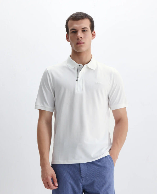 Rare Rabbit Men Salis-2 White Cotton Fabric Collared Neck Zipper And Snap Button Closure Half Sleeves Polo T-Shirt