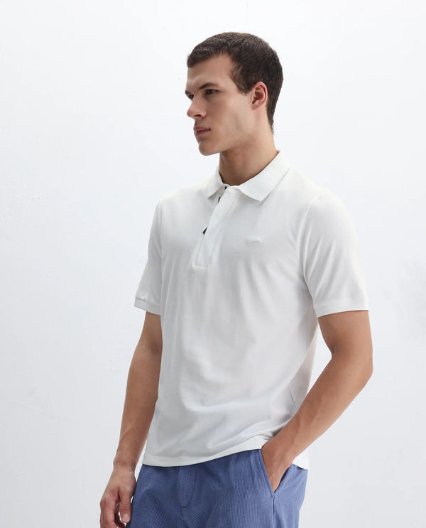 Rare Rabbit Men Salis-2 White Cotton Fabric Collared Neck Zipper And Snap Button Closure Half Sleeves Polo T-Shirt