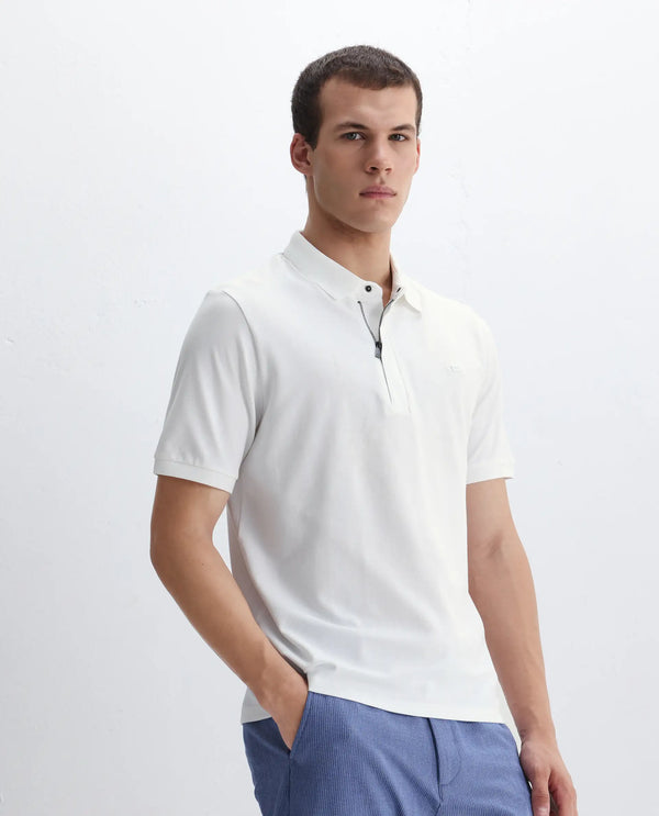 Rare Rabbit Men Salis-2 White Cotton Fabric Collared Neck Zipper And Snap Button Closure Half Sleeves Polo T-Shirt