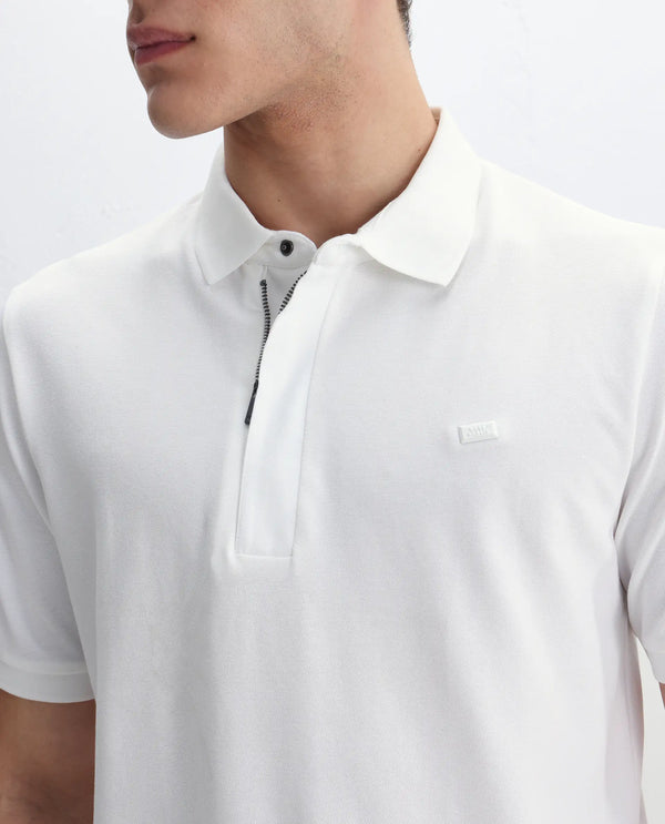 Rare Rabbit Men Salis-2 White Cotton Fabric Collared Neck Zipper And Snap Button Closure Half Sleeves Polo T-Shirt