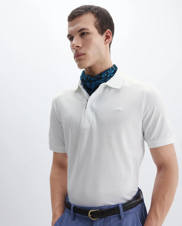 Rare Rabbit Men Salis-2 White Cotton Fabric Collared Neck Zipper And Snap Button Closure Half Sleeves Polo T-Shirt