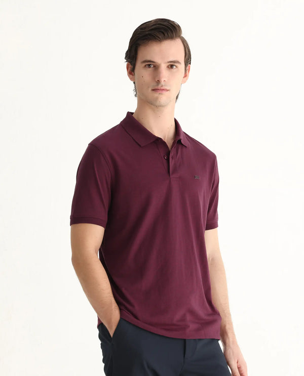 Rare Rabbit Men Schop Light Maroon Cotton Blend Short Sleeve Regular Fit Solid Polo