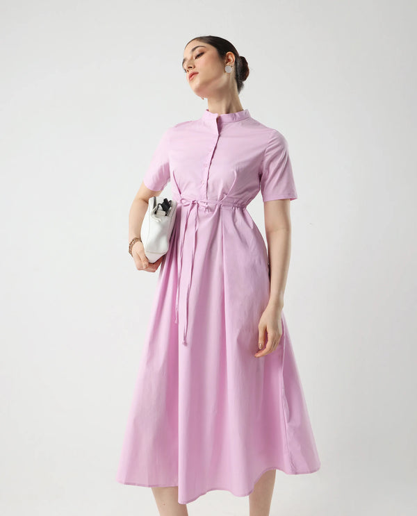 Rareism Women's Sede Pink Cotton Blend Fabric Mandarin Collar Tie-Up Closure Half Sleeve Plain Flared Midi Dress