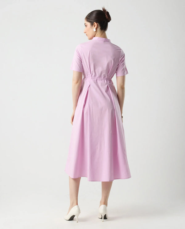 Rareism Women's Sede Pink Cotton Blend Fabric Mandarin Collar Tie-Up Closure Half Sleeve Plain Flared Midi Dress