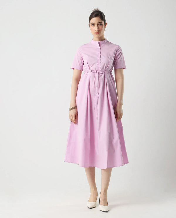 Rareism Women's Sede Pink Cotton Blend Fabric Mandarin Collar Tie-Up Closure Half Sleeve Plain Flared Midi Dress