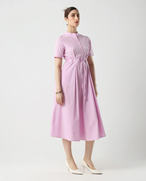 Rareism Women's Sede Pink Cotton Blend Fabric Mandarin Collar Tie-Up Closure Half Sleeve Plain Flared Midi Dress