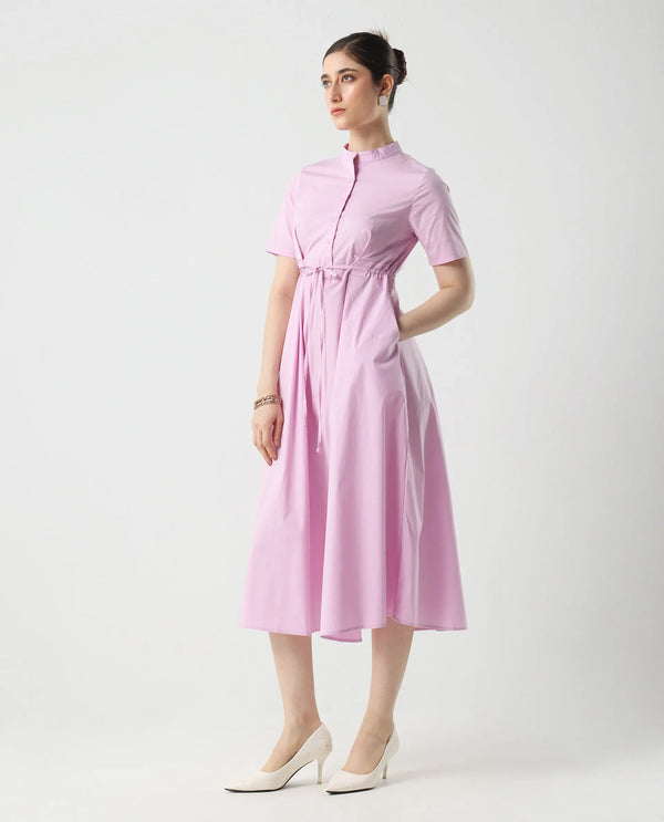 Rareism Women's Sede Pink Cotton Blend Fabric Mandarin Collar Tie-Up Closure Half Sleeve Plain Flared Midi Dress