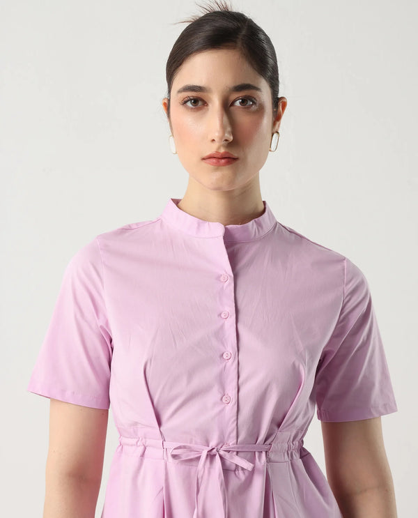 Rareism Women's Sede Pink Cotton Blend Fabric Mandarin Collar Tie-Up Closure Half Sleeve Plain Flared Midi Dress
