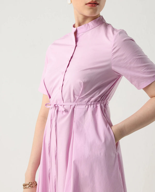 Rareism Women's Sede Pink Cotton Blend Fabric Mandarin Collar Tie-Up Closure Half Sleeve Plain Flared Midi Dress