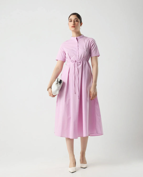 Rareism Women's Sede Pink Cotton Blend Fabric Mandarin Collar Tie-Up Closure Half Sleeve Plain Flared Midi Dress