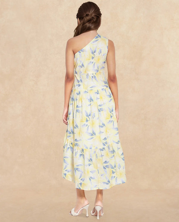 Rareism Women's Simplet Multi Cotton Fabric One Shoulder Zipper Closure One Shoulder Floral Print Fit And Flare Midi Dress
