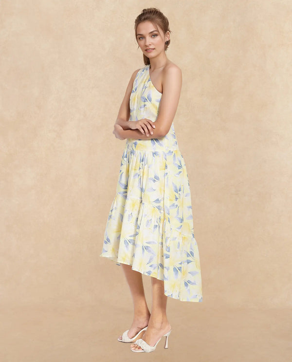 Rareism Women's Simplet Multi Cotton Fabric One Shoulder Zipper Closure One Shoulder Floral Print Fit And Flare Midi Dress