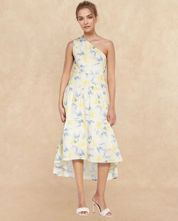 Rareism Women's Simplet Multi Cotton Fabric One Shoulder Zipper Closure One Shoulder Floral Print Fit And Flare Midi Dress