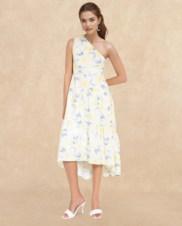 Rareism Women's Simplet Multi Cotton Fabric One Shoulder Zipper Closure One Shoulder Floral Print Fit And Flare Midi Dress