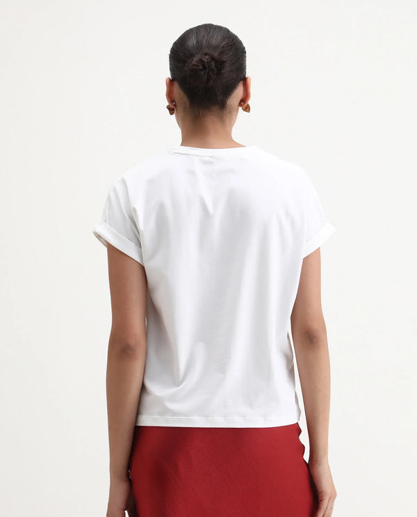 Rareism Women Somker Off white Half Sleeve Crew Neck Graphic Print T-Shirt