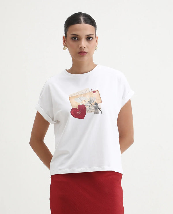 Rareism Women Somker Off white Half Sleeve Crew Neck Graphic Print T-Shirt